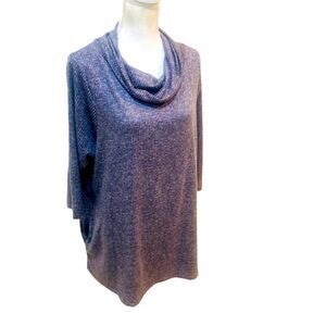 Nicole Miller New York ribbed marled knit navy cowl neck top front pockets 2x